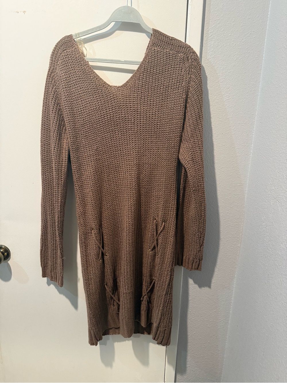 Say What? Open-Knit V-Neck Sweater Dress in Mauve